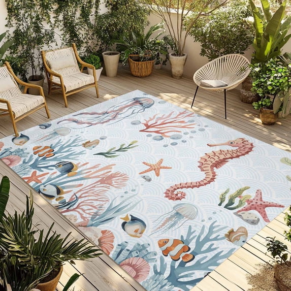 Seahorse Coastal Outdoor Rug for Patio/Deck/Porch, Non-Slip Large Area Rug 3 x 5 Ft, Summer Beach Ocean Shell Jellyfish Starfish Indoor Outdoor Rugs Washable Area Rugs, Camping Rug Carpet Runner