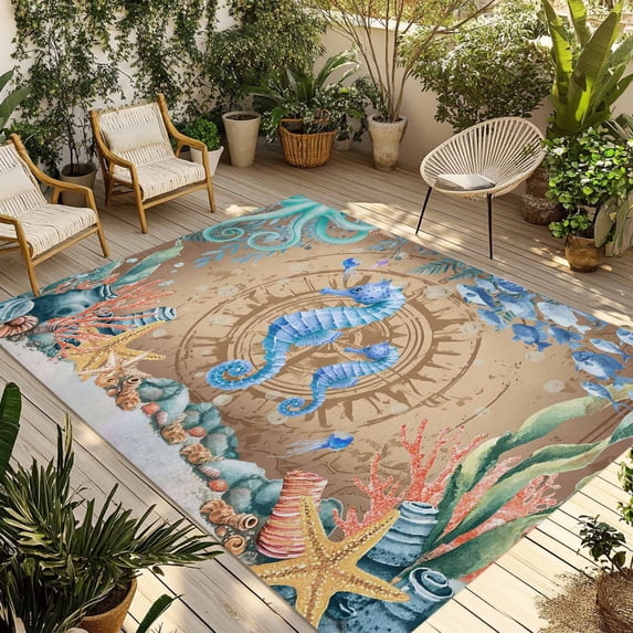 Seahorse Coastal Outdoor Rug for Patio/Deck/Porch, Non-Slip Large Area Rug 5 x 7 Ft, Summer Nautical Starfish Coral Brown Anchor Indoor Outdoor Rugs Washable Area Rugs, Camping Rug Carpet Runner