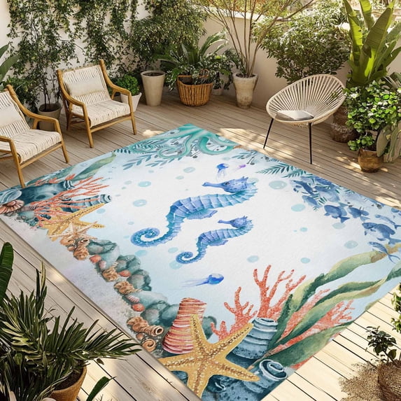 Seahorse Coastal Outdoor Rug for Patio/Deck/Porch, Non-Slip Large Area Rug 5 x 7 Ft, Summer Nautical Starfish Coral Ocean Indoor Outdoor Rugs Washable Area Rugs, Reversible Camping Rug Carpet Runner