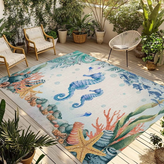 Seahorse Coastal Outdoor Rug for Patio/Deck/Porch, Non-Slip Large Area Rug 5 x 8 Ft, Summer Nautical Starfish Coral Beige Indoor Outdoor Rugs Washable Area Rugs, Reversible Camping Rug Carpet Runner