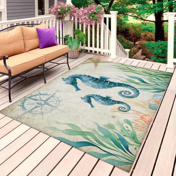 Seahorse Coastal Outdoor Rug for Patio/Deck/Porch, Non-Slip Large Area Rug 5 x 8 Ft, Vintage Nautical Ocean Starfish Compass Indoor Outdoor Rugs Washable Area Rugs, Camping Rug Carpet Runner
