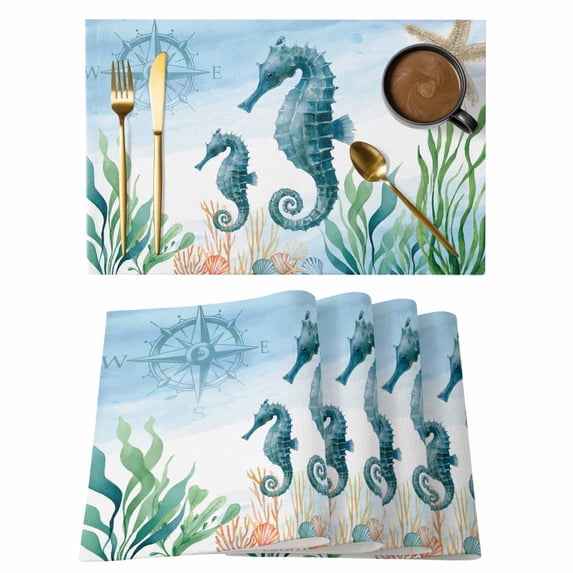 Seahorse Coastal Placemats Set of 4, Summer Beach Nautical Starfish Compass Placemats for Dining Table, Place Mats for Kitchen Tabletop, Waterproof Wipeable Dining Table Mats Set