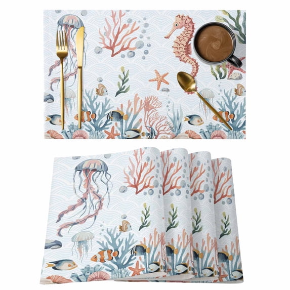 Seahorse Coastal Placemats Set of 4, Summer Beach Ocean Shell Jellyfish Starfish Placemats for Dining Table, Place Mats for Kitchen Tabletop, Waterproof Wipeable Dining Table Mats Set