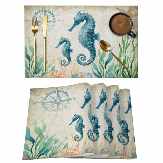 Seahorse Coastal Placemats Set of 6, Vintage Nautical Ocean Starfish Compass Placemats for Dining Table, Place Mats for Kitchen Tabletop, Waterproof Wipeable Dining Table Mats Set