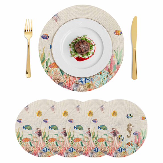Seahorse Coastal Round 13 Inch Placemats Set of 4, Nautical Ocean Summer Beach Coral Rustic HeatResistant Non Slip Place Mats for Dining Table, Wipeable Braided Kitchen Table Mats for Housewarming