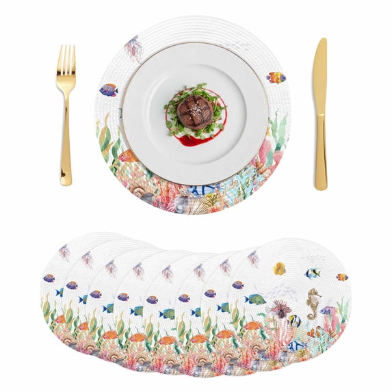 Seahorse Coastal Round 13 Inch Placemats Set of 8, Nautical Ocean Summer Beach Coral Shell Sea HeatResistant Non Slip Place Mats for Dining Table, Wipeable Braided Kitchen Table Mats for Housewarming
