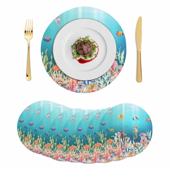 Seahorse Coastal Round 15 Inch Placemats Set of 8, Nautical Ocean Summer Blue Teal Coral Shell HeatResistant Non Slip Place Mats for Dining Table, Wipeable Braided Kitchen Table Mats for Housewarming