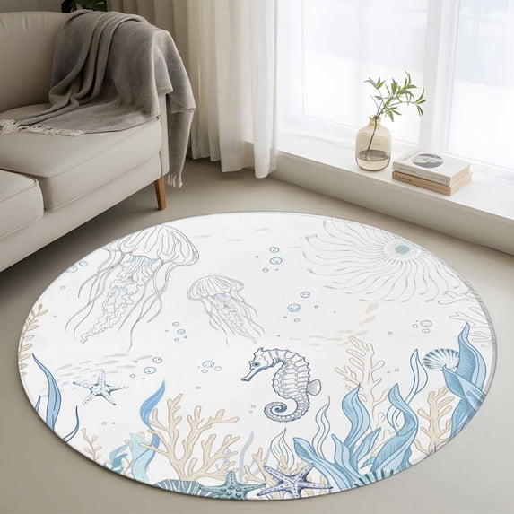 Seahorse Coastal Round Rug 3.3ft Washable Circle Entryway Rugs Non Slip Summer Beach Ocean Nautical Coral Area Rug Indoor Floor Carpet for Bedroom Kitchen Living Room Home Office Dining Room Nursery