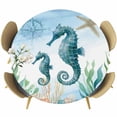 thumbnail image 1 of Seahorse Coastal Round Tablecloth, Fitted Table Cover with Elastic for 45"-54" Round Tables, Summer Beach Nautical Starfish Compass Table Cloth Outdoor Indoor Dinning Party Waterproof Tablecloths, 1 of 7