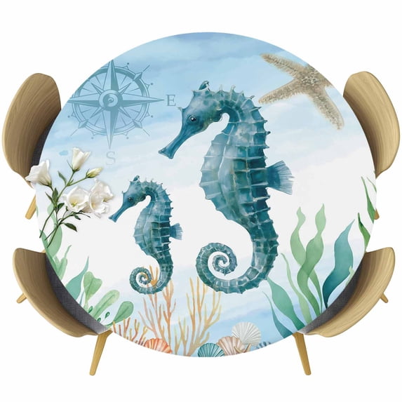 Seahorse Coastal Round Tablecloth, Fitted Table Cover with Elastic for 45"-54" Round Tables, Summer Beach Nautical Starfish Compass Table Cloth Outdoor Indoor Dinning Party Waterproof Tablecloths