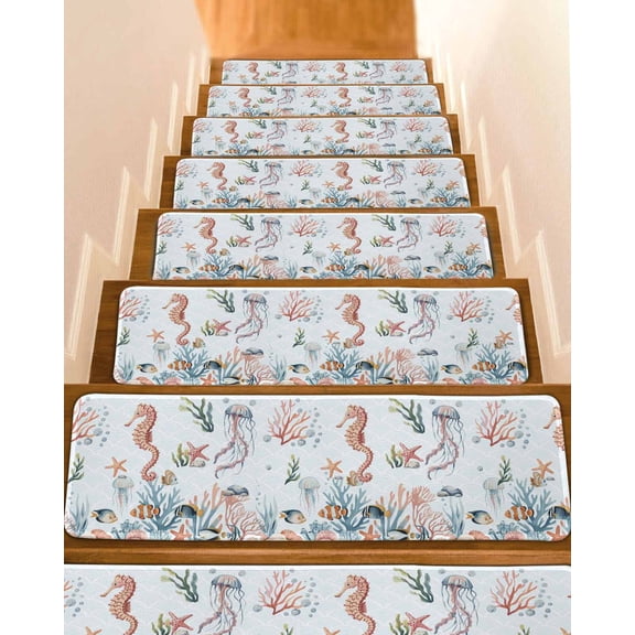 Seahorse Coastal Stair Treads for Wooden Steps Indoor Runner Rug Carpet,Summer Beach Ocean Shell Jellyfish Starfish 15 Pieces Peel and Stick Staircase Step Treads Covers Throw Door Mats,30"x8"