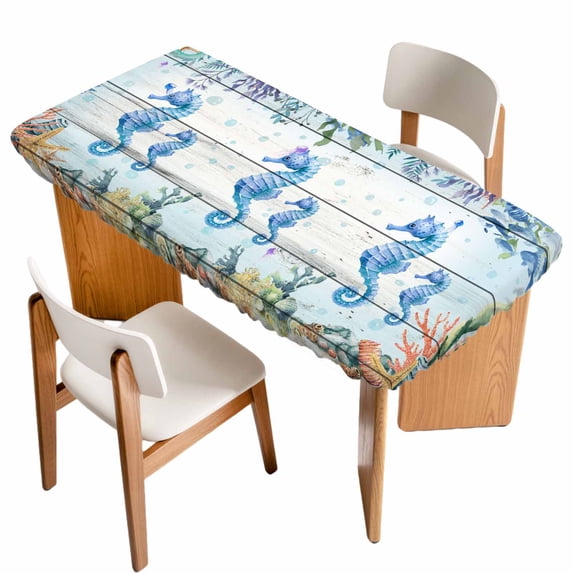 Seahorse Coastal Table Cloths for 3 Foot Rectangle Tables, Summer Nautical Starfish Coral Grey Wooden Patio Waterproof Elastic Fitted Tablecloths, Washable Rectangular Table Cover for Camping