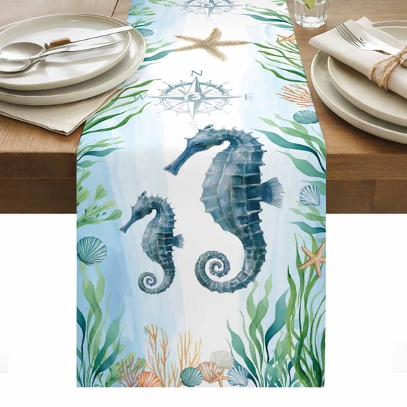Seahorse Coastal Table Runner - 36 Inch Long, Kitchen Dining Table Runner Dresser Scarves, Summer Beach Nautical Starfish Compass Farmhouse Decor for Coffee Tables Wedding Party Banquet