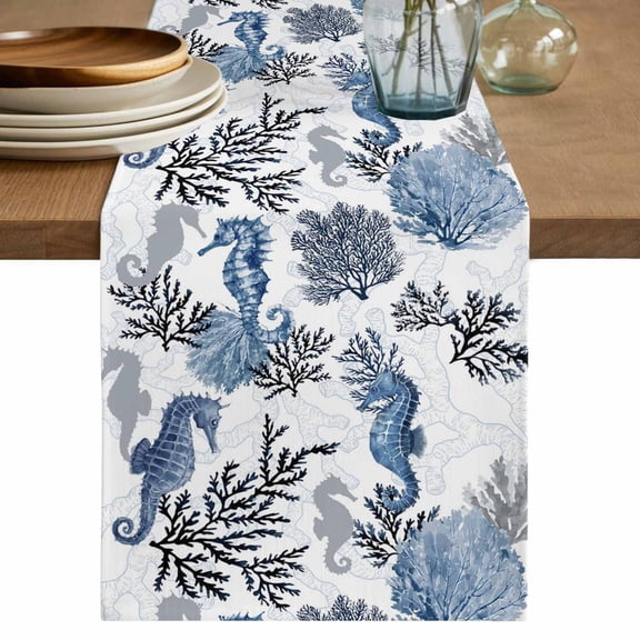Seahorse Coastal Table Runner 36 Inches, Navy Blue Summer Ocean Nautical Bed Runner Dresser Scarves Tabletop for Indoor Outdoor Parties/Ceremony/Banquet, 13"x 36"