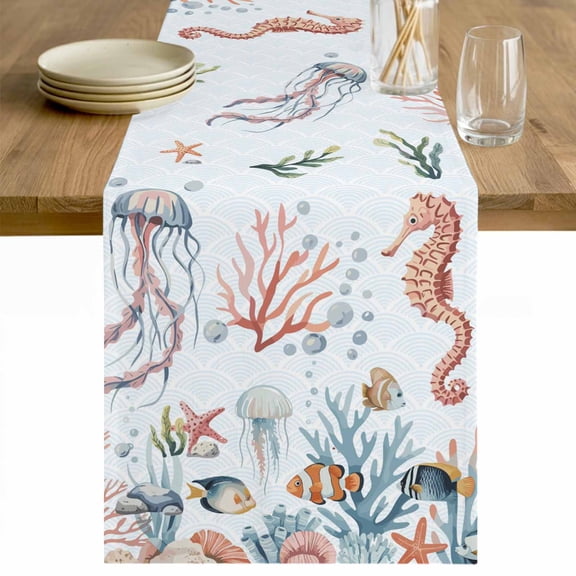 Seahorse Coastal Table Runner 48 Inches Long Farmhouse Dress Scarves, Summer Beach Ocean Shell Jellyfish Starfish Dining Tablerunner for Coffee Table/Kitchen Island/Party Décor, 13" x 48"