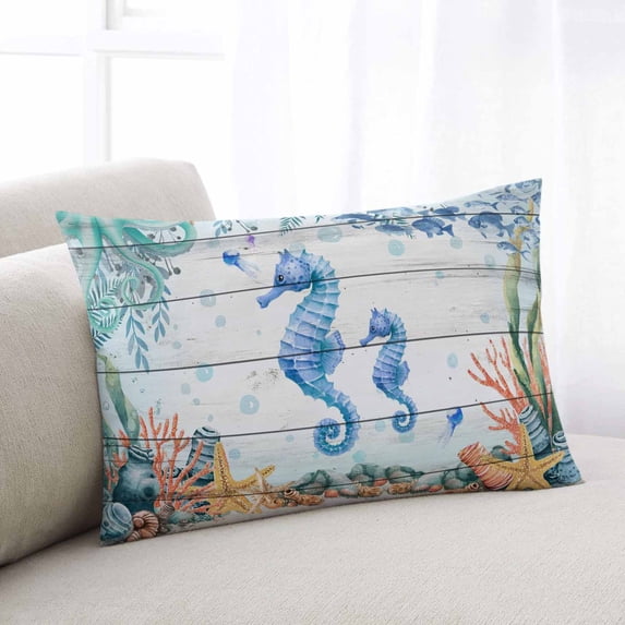 Seahorse Coastal Throw Pillow Covers, Summer Nautical Starfish Coral Grey Wooden Soft Breathable Pillow Cases with Invisible Zipper, Standard Pillowcases for Couch Bed Sofa Chair 20x26 Inches