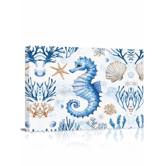Seahorse Coastal Wall Art for Living Room,Canvas Picture Wall Decor for Bathroom Bedroom,Summer Beach Starfish Coral Nautical Painting Artwork for Office Kitchen Hallway Dining Room Decor 12"x16"