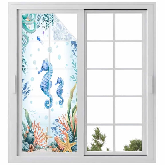 Seahorse Coastal Window Privacy Film, Summer Nautical Starfish Coral Ocean Static Cling UV Sun Blocking Heat Control Window Tint Day and Night, Non-Adhesive One Way Windows Privacy Cover 23.6''x59''