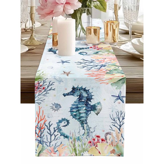 Seahorse Coral Blue Ocean Table Runner-60 Inch Long Blue Underwater World Table Runners Linen Burlap Tablerunner for Kitchen Dining Room Holiday Party