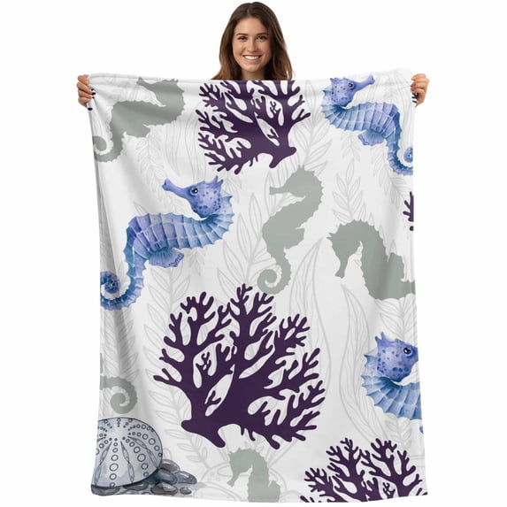 Seahorse Coral Coastal Blanket Soft Cozy Warm Throw Blanket for Couch, Plush Fuzzy Flannel Fleece Blankets for Sofa, Nautical Summer Beach Ocean Sea Bed Blankets Lightweight Gifts for Women, 30"x40"