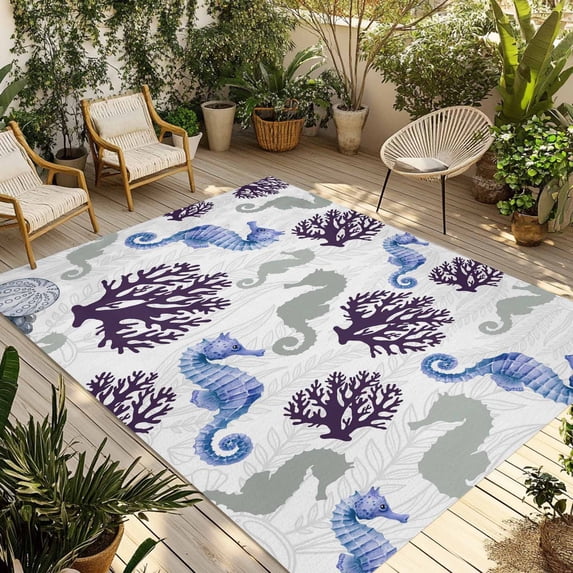 Seahorse Coral Coastal Outdoor Rug 6x9 Ft - Reversible Patio Rug Outdoor Camping Rugs, Nautical Summer Beach Ocean Sea Washable Indoor Outdoor Area Rugs, Non-Slip Outdoor Carpet Runner for Deck/Porch
