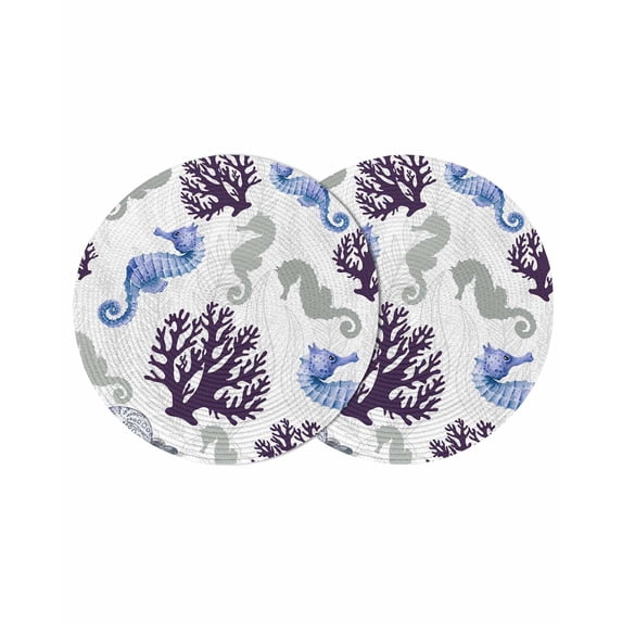 Seahorse Coral Coastal Round 13 Inch Placemats Set of 2, Nautical Summer Beach Ocean Sea HeatResistant Non Slip Place Mats for Dining Table, Wipeable Braided Kitchen Table Mats for Housewarming