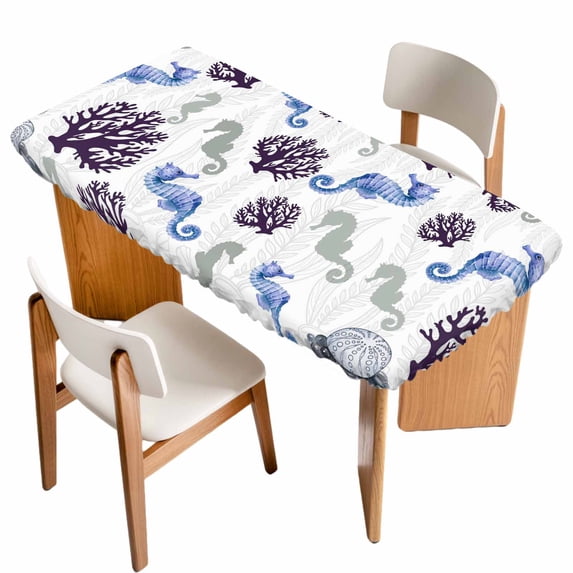 Seahorse Coral Coastal Table Cloths for 4 Foot Rectangle Tables, Nautical Summer Beach Ocean Sea Patio Waterproof Elastic Fitted Tablecloths, Washable Rectangular Table Cover for Camping