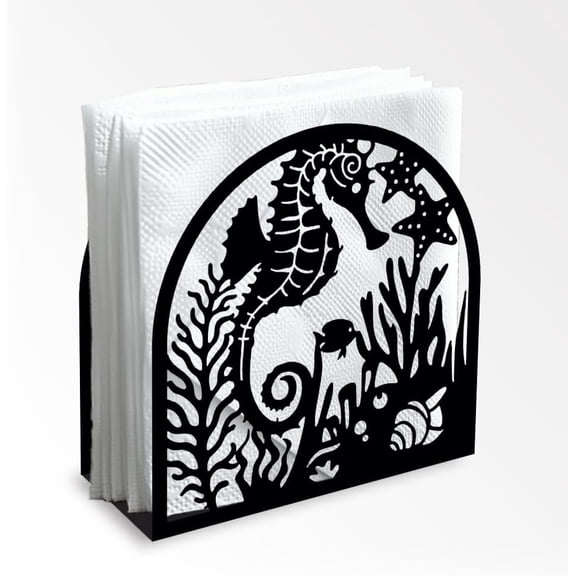 Seahorse and Coral Decorative Black Metal Napkin Holder for Table 4.9" x 4.9" x 1.9" Ocean Standing Napkin Holder for Home Kitchen Restaurant Picnic Party Coffee Bar Dining Room