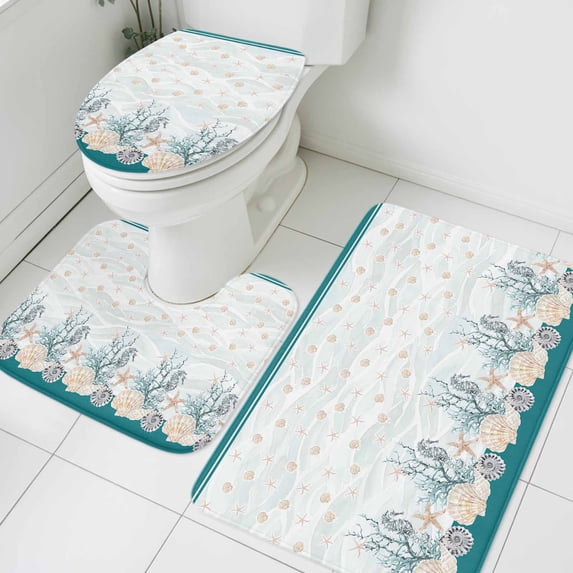 Seahorse Coral Shell Bathroom Rugs Set Starfish Ocean Wave Non Slip Absorbent Soft Bath Mats 3 Piece Set with Bathroom Rug, U-Shaped Floor Mat, Toilet Seat Cover Large Size