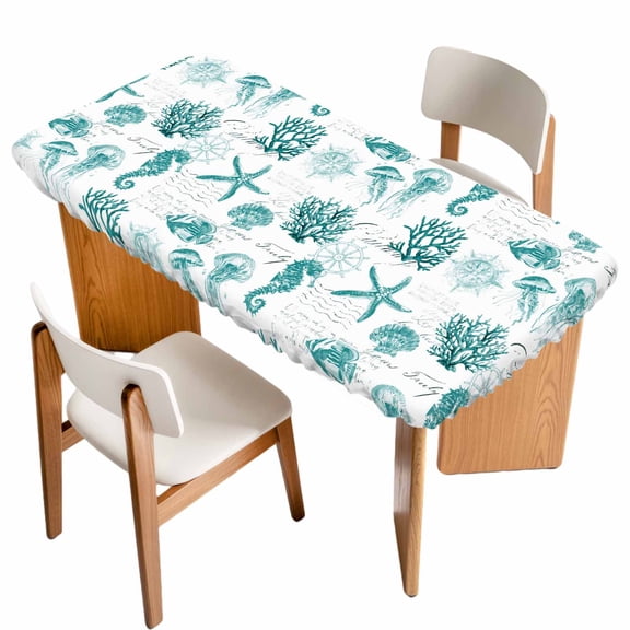 Seahorse Coral Shell Fitted Rectangle Tablecloth 24" x 36" Starfish Ocean Turquoise Retro Elastic Table Cloth Fits for 3 Foot Folding Tables Waterproof Table Cover for Picnic Camping Outdoor