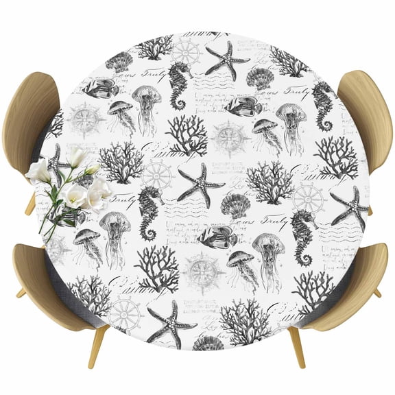 Seahorse Coral Shell Round Fitted Tablecloth with Elastic Edge, Starfish Ocean Stretch Table Covers for 45"-54" Tables Wipeable Table Cloth for Outdoor