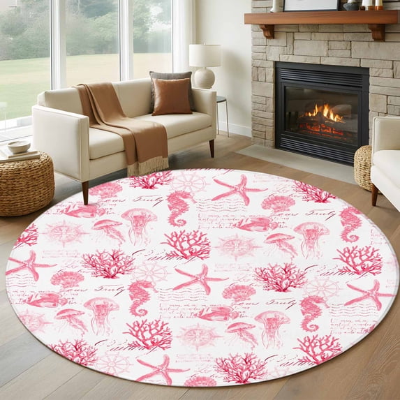Seahorse Coral Shell Round Living Room Rugs 8 ft, Starfish Ocean Washable Large Area Rug with Non-Slip Sturdy Edge Binding Round Carpet for Dining Room Kitchen Office