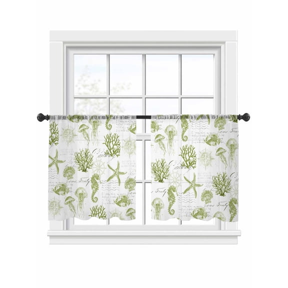Seahorse Coral Shell Sheer Curtains 2 Panels Set Starfish Ocean Sheer Window Curtains Light Filtering Rod Pocket Voile Drapes for Bedroom Living Room 52"x54"