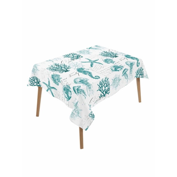 Seahorse Coral Shell Table Cloth 60x84 Inch Rectangle, Starfish Ocean Turquoise Retro Waterproof Tablecloth Washable Table Cover for Party Picnic Dinner Decor
