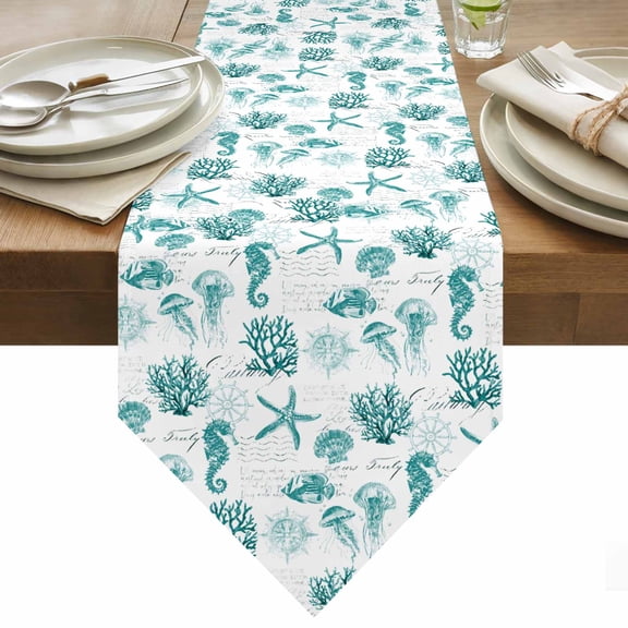 Seahorse Coral Shell Table Runner 48 Inches Long Starfish Ocean Turquoise Retro Table Runners for Dining Room Tabletop Dresser Scarf Home Party Banquet Wedding Holiday Decoration
