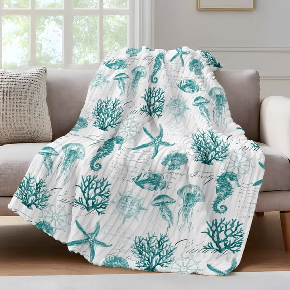 Seahorse Coral Shell Throw Blanket for Couch Starfish Ocean Turquoise Retro Soft and Warm Flannel 3D Striped Fluffy Fuzzy Fleece Blanket Lightweight Throw for Bed, Sofa 30 x 40 Inches
