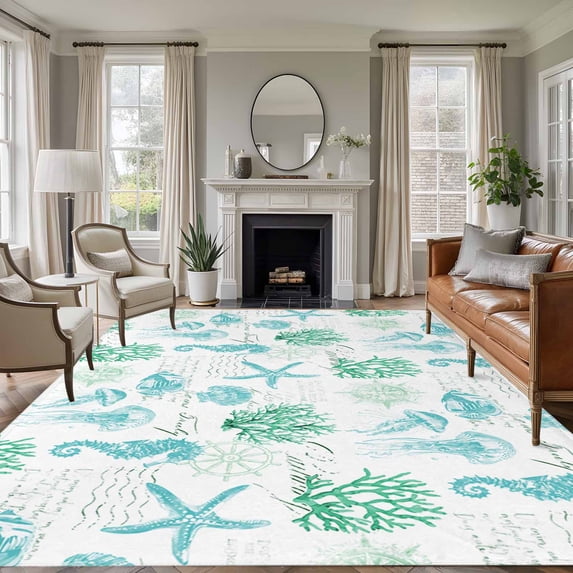 Seahorse Coral Shell Washable Living Room Rugs 5'x7', Starfish Ocean Low Pile Throw Large Area Rugs Non-Slip Sturdy Edge Binding Carpet for Dining Room Bedside Kitchen