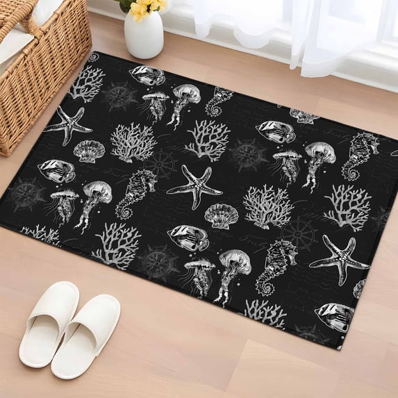 Seahorse Coral Shell Washable Small Entryway Area Rugs 2'x3', Starfish Ocean Low Pile Throw Rug Non-Slip Sturdy Edge Binding Carpet for Front Door Floor Room Entry