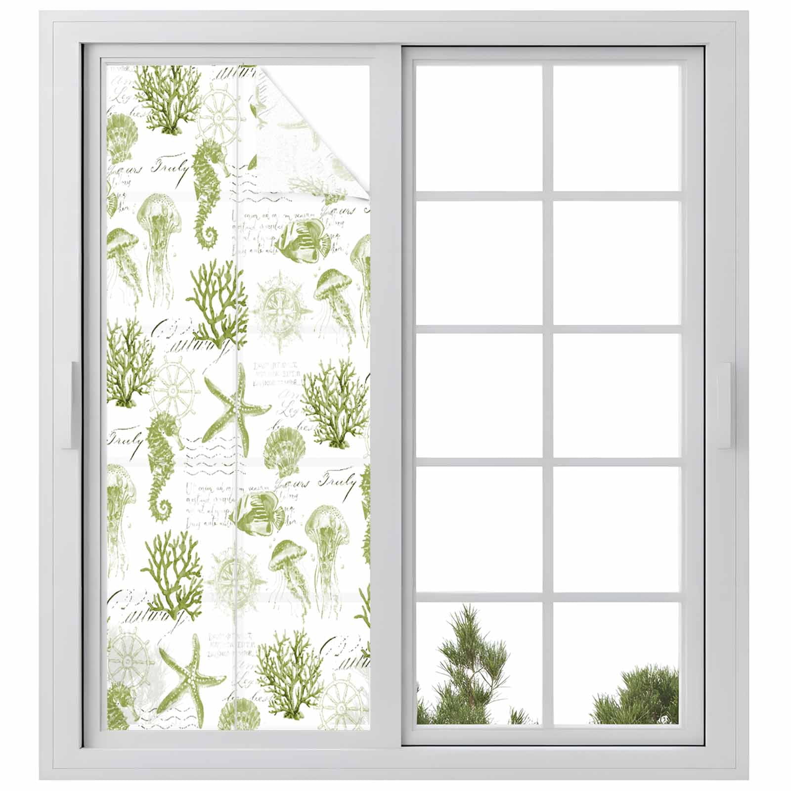 Seahorse Coral Shell Window Privacy Film, Starfish Ocean Frosted Glass Window Clings Static Cling UV Heat Blocking Reusable Door Sticker for Bathroom 23.6 x 59 Inch