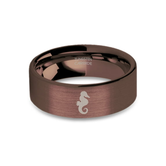 Seahorse Crest Engraved Espresso Brown Brushed Tungsten Ring, 8mm, Size 11