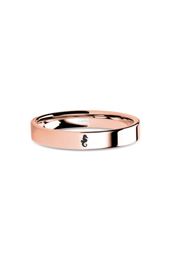 Seahorse Crest Laser Engraved Rose Gold Polished Tungsten Ring, 4mm, Size 11.5