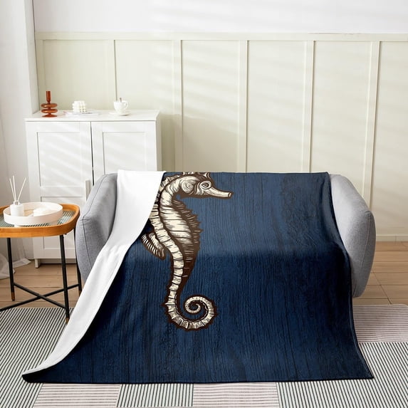 Seahorse Decor Throw Blanket Throw 50x60 Cute Cartoon Watercolor Wild Sealife Fleece Blanket for Kids Teens Adults Retro Blue Wooden Stripes Print Flannel Blanket for Bedroom Car