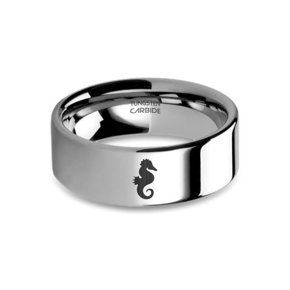 Seahorse Emblem Laser Engraved Silver Polished Tungsten Ring, 8mm, Size 11