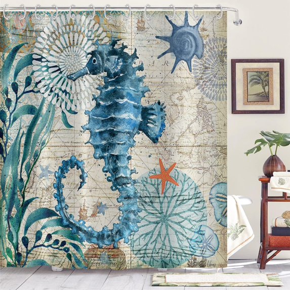 Seahorse Extra Long Shower Curtain Ocean Conch Sea Crustaceans Vintage Machine Washable Waterproof Fabric for Bathroom Bathtub Decor with 12 Hooks 72Wx84H