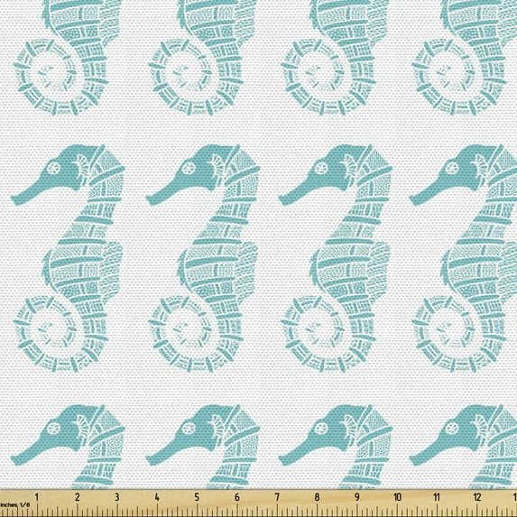 Ambesonne Seahorse Fabric by the Yard Upholstery, Aquatic Creatures, 1 Yard, Pale Blue and White
