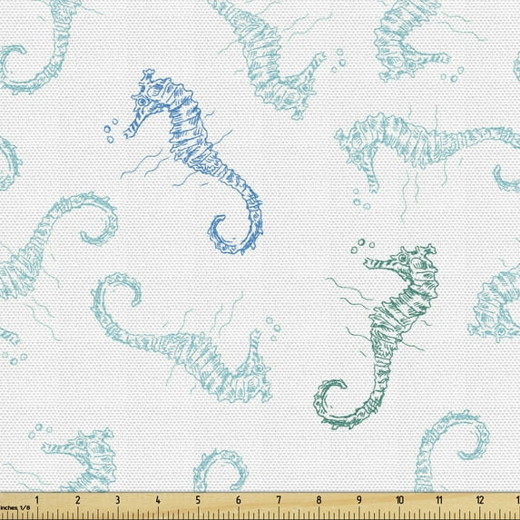 Ambesonne Seahorse Fabric by the Yard Upholstery, Nautical Outline Animal, 3 Yards, Pale Blue Grey Sea Blue