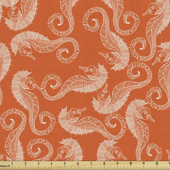 Ambesonne Seahorse Fabric by the Yard Upholstery, Cartoon Curvy, 5 Yards, Burnt Sienna and White