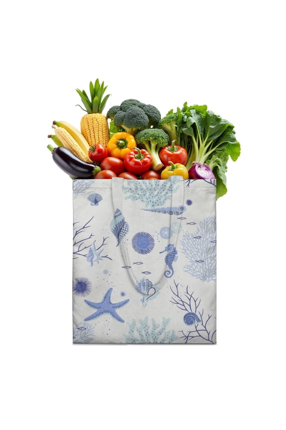 Seahorse Fish Canvas Tote Bag with Ocean Coral and Mermaid Pattern, Durable Eco-Friendly Reusable Shopping Tote, Lightweight Foldable Handbag for Beach & School