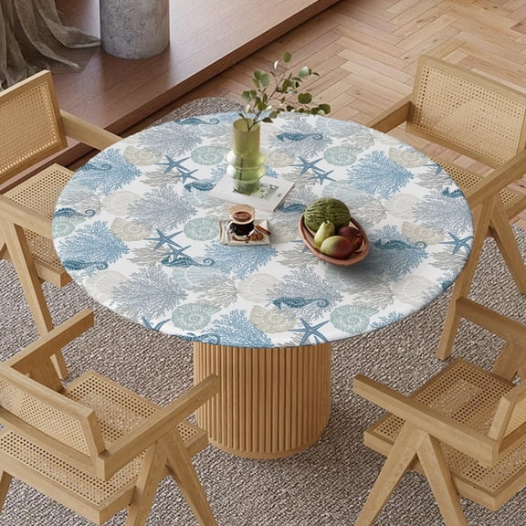 Seahorse Fitted Tablecloth Best for 45"-56" Round, Ocean Seashells Starfish Seahorse Coral Table Cloth Cover for Party Picnic Camping Outdoor Indoor