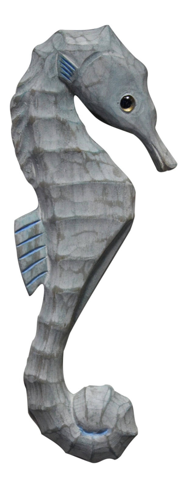 Hand-Carved Gray and Blue Wooden Seahorse Wall Decor